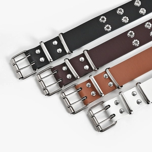 Ceinture punk en cuir à doubles œillets pour femmes en noir, marron, camel et blanc