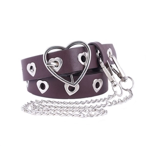 Ceinture punk violette en similicuir avec boucle cœur argentée, œillets et chaîne métal