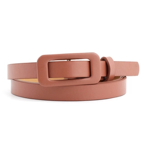 Classic brown patent leather skinny belt with color-matched rectangular buckle for women