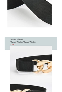 Macro view showing black elastic belt texture and polished gold chain buckle link
