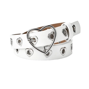 Ceinture tendance en cuir blanc pour femme avec grande boucle cœur et œillets métalliques évidés