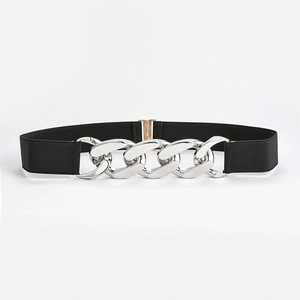 Elastic black waist belt featuring a chunky polished silver chain buckle for dresses