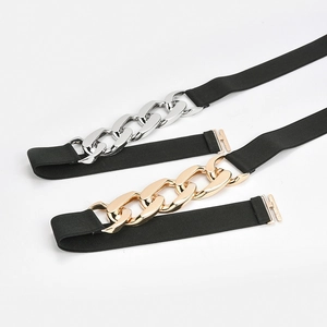 Women's elastic waist belt with large metal chain buckle in gold and silver finish