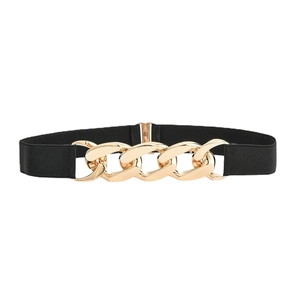 Women's black elastic waist belt featuring a chunky gold chain buckle on white background