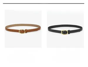 Détail de ceintures fines noires et marron avec boucles tressées en alliage doré