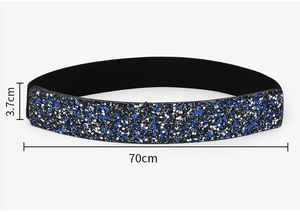 Glitter elastic waist belt detail view, stretch waistband with blue sequin design, 70cm long.