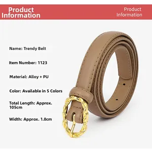 Détail d'une ceinture en cuir PU kaki montrant la boucle dorée et les spécifications