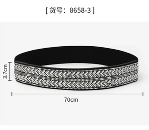 Close-up detail of the black elastic rhinestone waist belt, showing 3.7cm width and 70cm length.