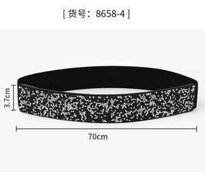 Detailed view of black elastic rhinestone waist belt, showing 70cm length and 3.7cm width.