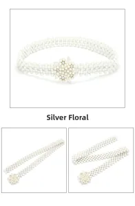 Detail van elegante witte parel-tailleketting met meerdere rijen en zilveren bloem sluiting