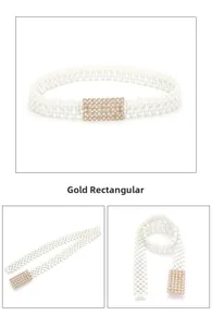Detail van de elastische riem met meerdere rijen witte parels en gouden gesp