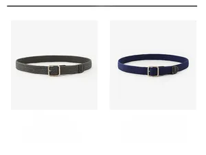 Detail showing elastic woven stretch belts in dark grey and navy with matte square buckles