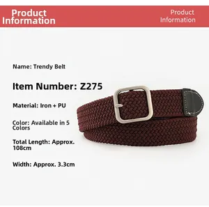Detailed view of dark red braided elastic belt with alloy buckle and size dimensions