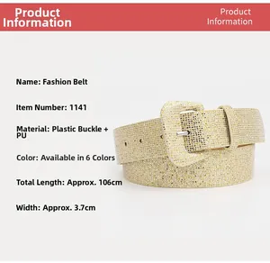Detail view of sparkly plaid belt width 3.7cm with plastic buckle and PU material