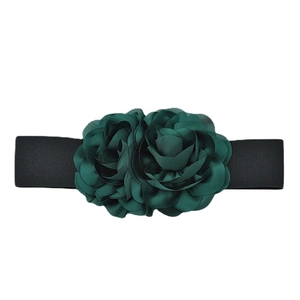 Ceinture élastique pour femme avec roses 3D en satin vert foncé sur large bande noire