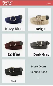 Detailed grid view of stretch woven elastic belts in five colors with alloy square buckles