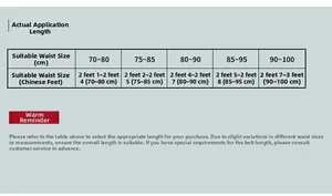Size chart showing woven elastic belt measurements from 70cm to 100cm waist range