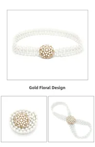 Detail van gouden bloemgesp met witte meerrijige elastische riem van imitatieparels