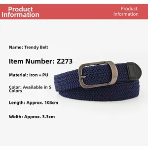 Vue détaillée de la ceinture tressée élastique bleu foncé avec boucle en métal mat et PU