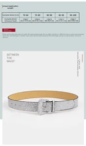 Size chart for glittery wide belt showing waist measurements from 70cm up to 100cm