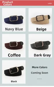 Détail de ceintures tressées élastiques en bleu marine, beige, café, gris foncé et noir
