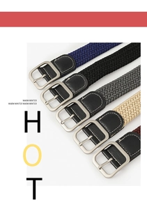 Detail of stretch woven canvas belts in five colors with alloy buckles and leather tips
