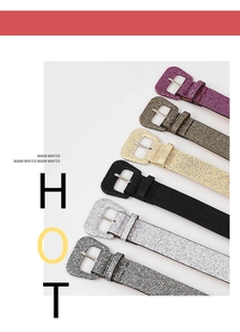 Detail of glittery women's waist belts with square rhinestone buckles in six vibrant colors