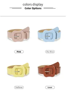 Detailed color display of fashion belts in pink, sky blue, yellow, and camel shades