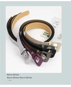 Detail of glitter belts with rectangular buckles in silver, purple, black, bronze and gold