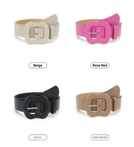 Detail view of stylish wide faux leather belts with four-color options and gourd buckles
