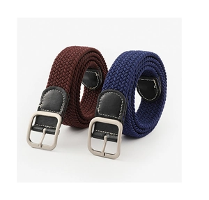 Close-up of elastic woven belts with silver matte metal buckles and leather reinforcement