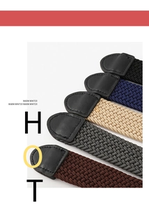 Gros plan sur la texture et cinq couleurs de ceintures élastiques tressées avec embouts cuir