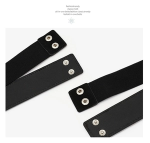 Detailed close-up of black elastic belt ends featuring secure metal snap button closures.