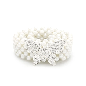 Elegante meerlaagse witte parel elastische riem met een kristallen vlindergesp