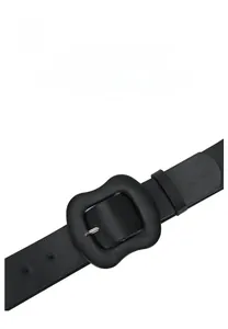 Detail of black belt showing the adjustable inner strap slot and leather texture