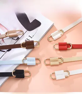 Detailansicht bunter schmaler PU-Ledergürtel mit Goldschnallen in 8 modischen Trendfarben