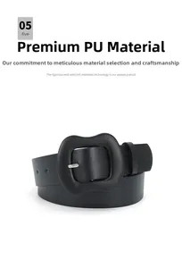 Detail of premium black PU leather texture and large leather-wrapped square buckle on the belt
