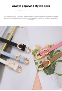 Detail of five PU leather belts in diverse colors with anti-allergy gold double ring buckle