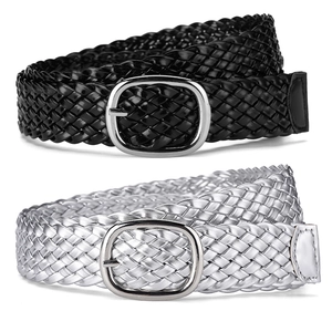 Women Elegant PU Leather Braided Waist Belt With Silver Oval Pin Buckle Versatile Woven Skinny Belt For Dresses Casual Accessories