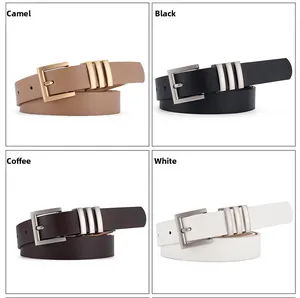Detailansicht schmaler Ledergürtel in Camel, Schwarz, Kaffee und Weiß mit Metallschnalle