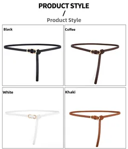 Detail of slim waist belts in black, white, and khaki with gold double ring buckles