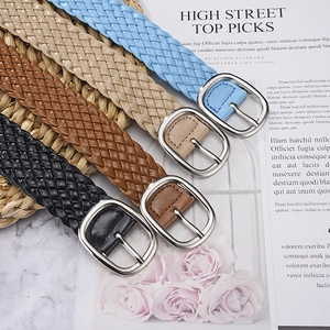 Braided PU leather thin belts with silver buckles in blue, beige, brown, and black