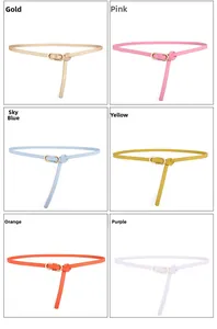 Detailed grid showing women slim leather belts in six vibrant colors with gold rings