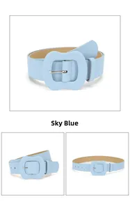Close-up of sky blue wide leather belt for women with unique leather-wrapped buckle