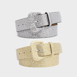 Fashionable sparkling rhinestone wide belts for women in silver and gold PU leather