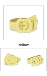 Macro detail of the bright yellow leather belt featuring a wide leather wrapped buckle