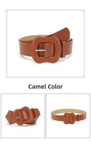 Detail view of camel PU leather belt with wavy square buckle and silver metal pin for jeans