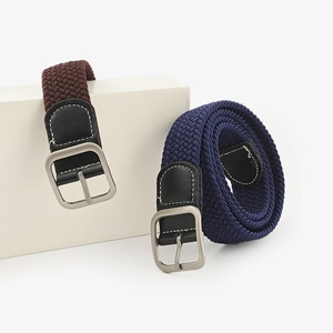 Elastic woven stretch belt with silver square buckle in burgundy and navy colors