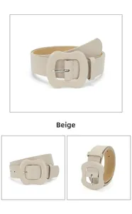 Detail view of a stylish beige wide belt with a matching fabric-covered rectangular buckle