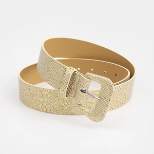 Chic gold glitter grid pattern wide waist belt with square pin buckle for women